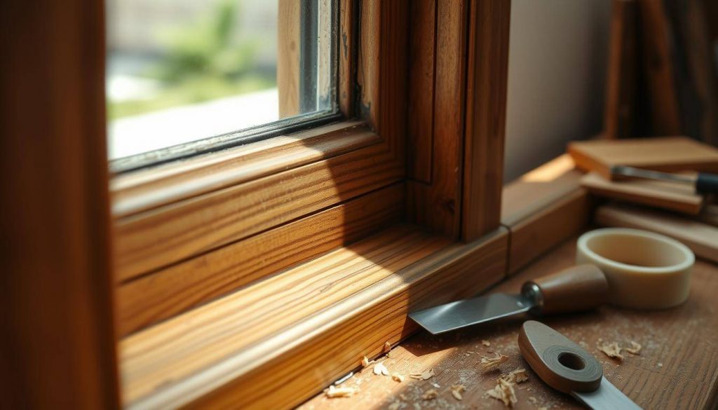 Holzfensterrahmen mit Dichtmaterial und Werkzeugen, Service von DICHTWERK Lübeck.
