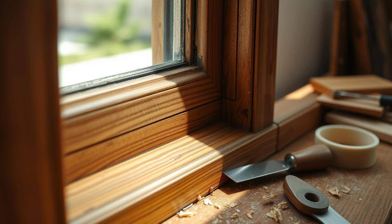 Holzfensterrahmen mit Dichtmaterial und Werkzeugen, Service von DICHTWERK Lübeck.